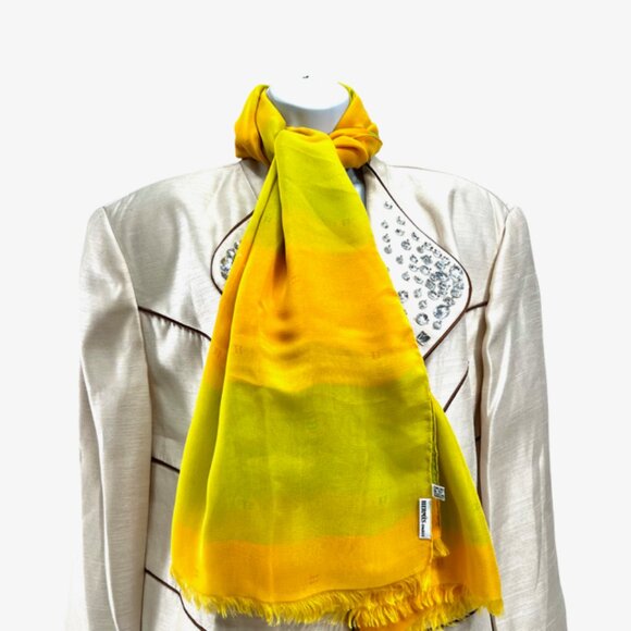 HERMES ParisLightGreen Orange Chiffon silk Scarf 70"x2 8  Logo H PrintFringe(34 - Picture 5 of 14